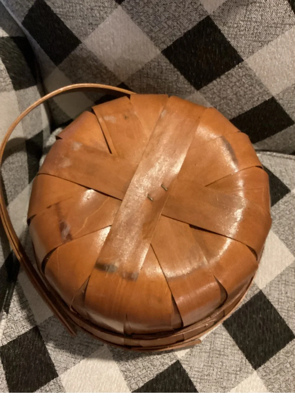 vintage wood and wicker sewing basket featuring “Churn Dash Star